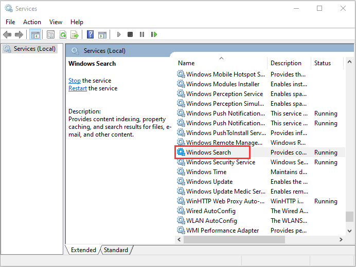 stop the Windows Search service