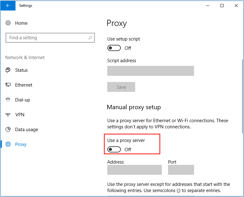disable the option Use a proxy server