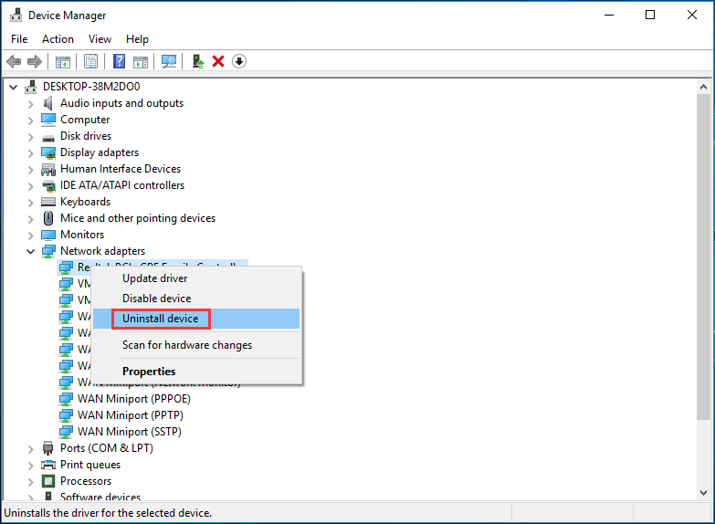 uninstall network adapter