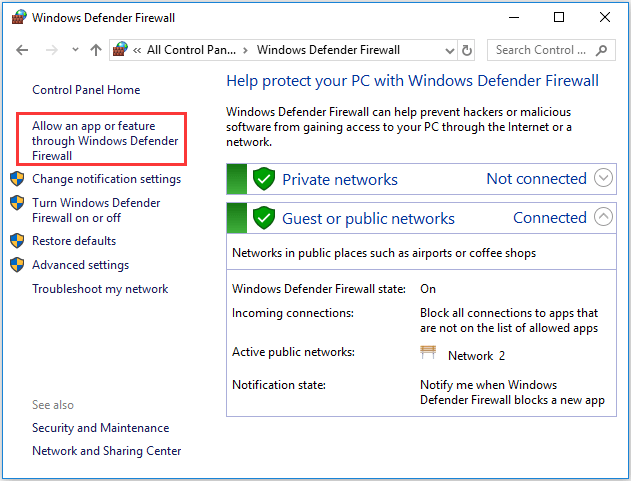 choose Allow an app or feature through Windows Defender Firewall