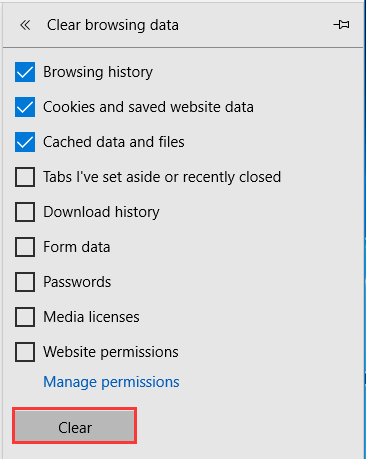 clear cache and data in Edge