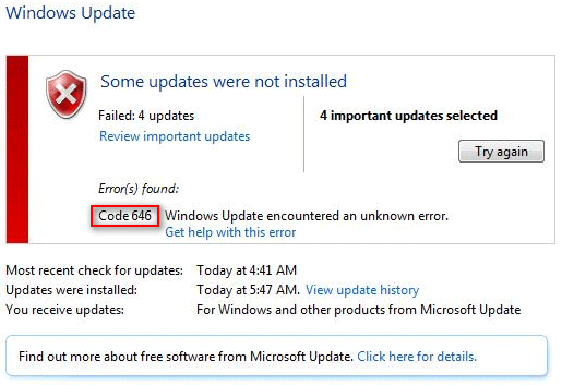 Windows Update Error code 646