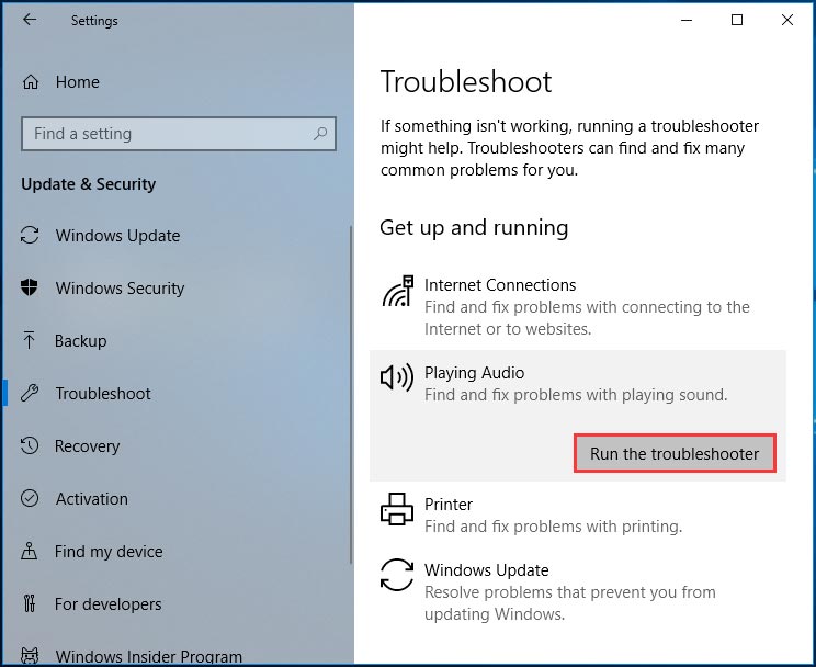 run the playing audio troubleshooter