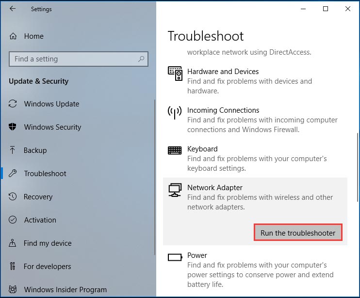 run the network adapter troubleshooter