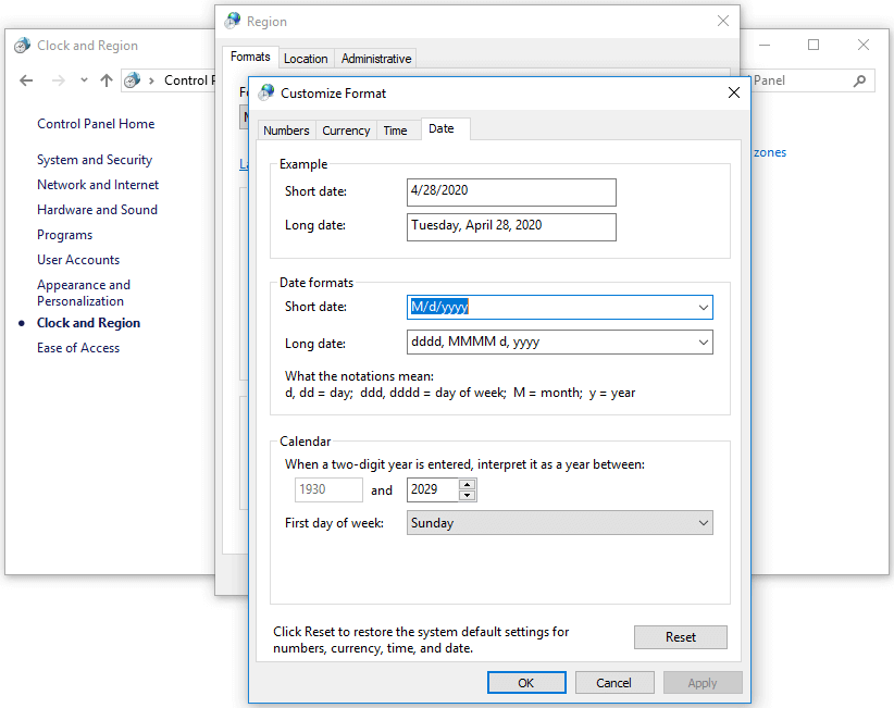 show day of week in Windows 10 taskbar clock