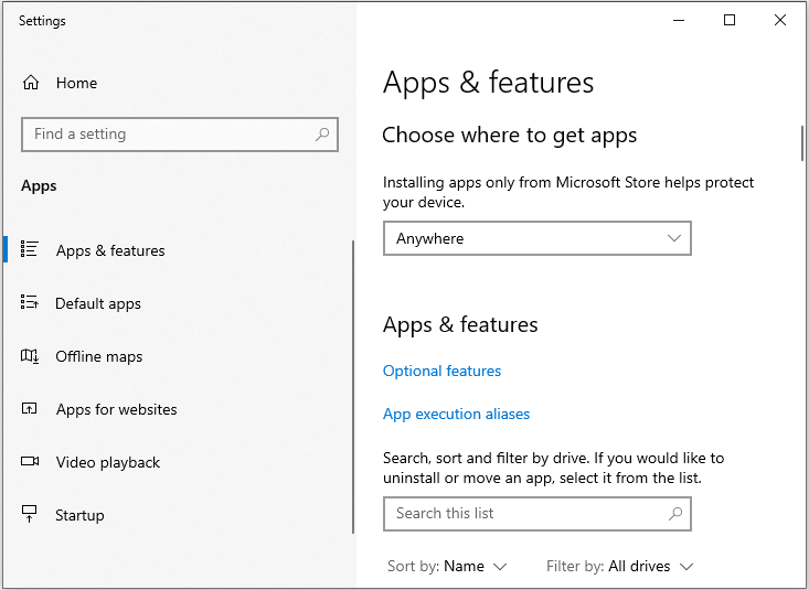 select Apps and Features