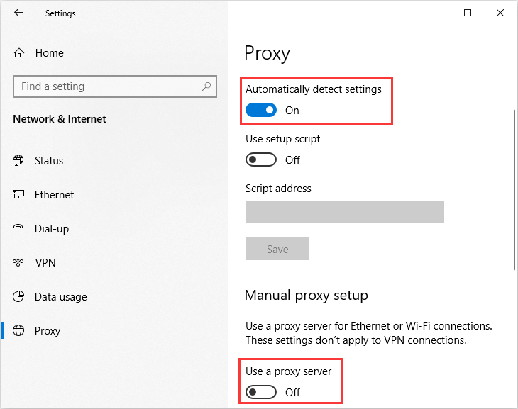 disable Use a proxy server