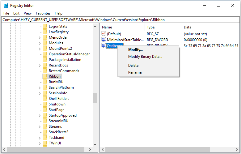 reset File Explorer Quick Access Toolbar