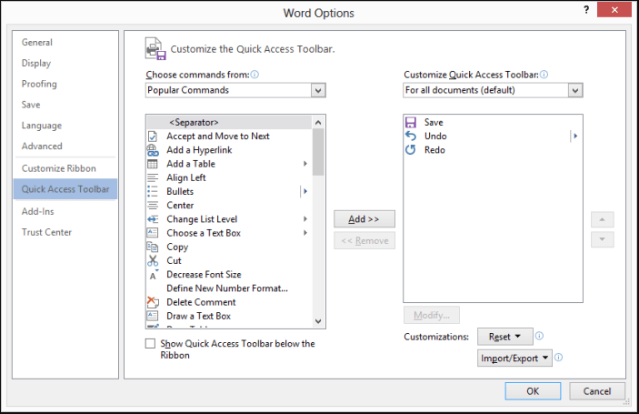 customize Quick Access Toolbar Word