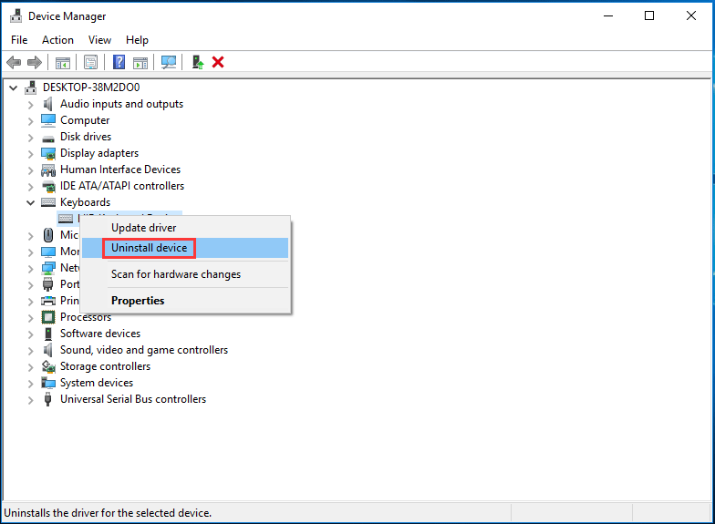 uninstall keyword driver in Device Manager