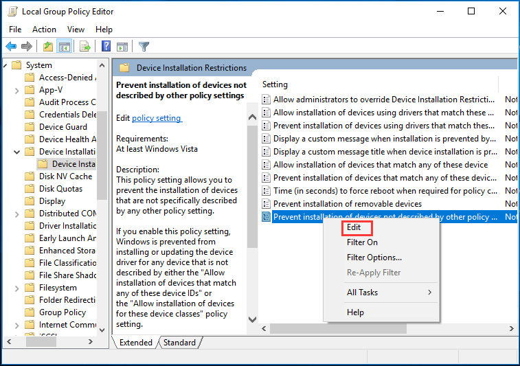 Prevent installation of devices not described by other policy settings