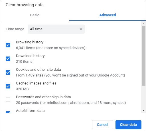 Check the Browsing history, Download history, Cookies and other site data, and Cached images and files boxes