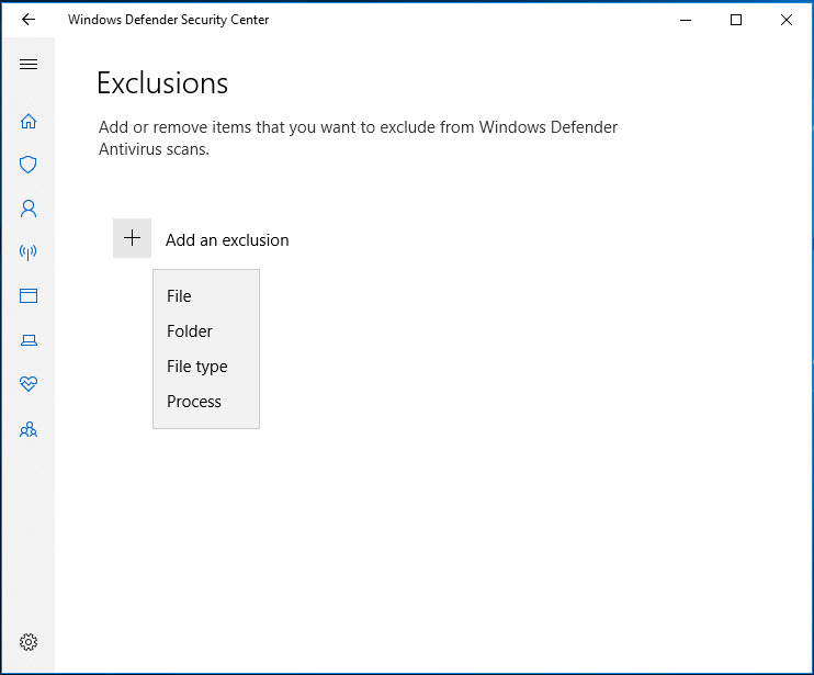 add an exclusion in Windows Defender