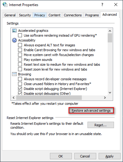 Restore advanced settings