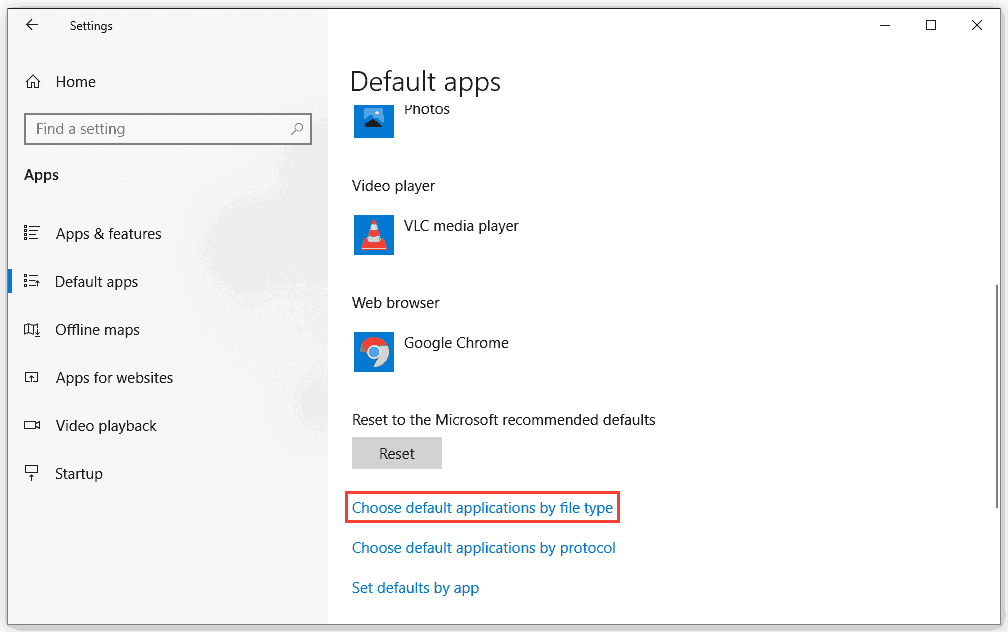 click Choose default applications by file type