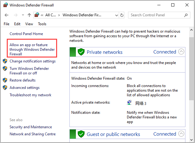 click Allow an app or feature through Windows Defender Firewall