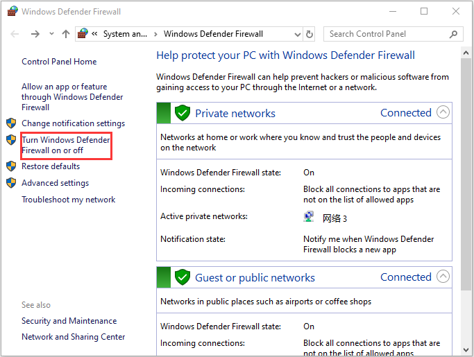 click Turn Windows Defender Firewall on or off