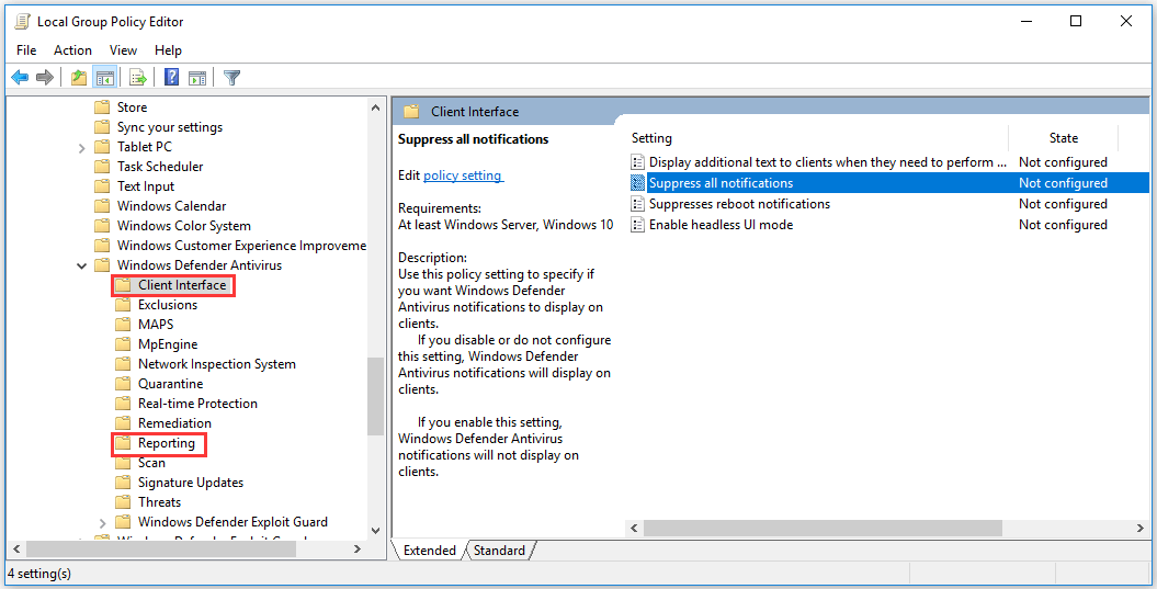 turn off Windows Defender notifications