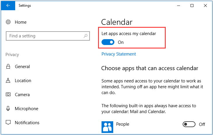 open the option let apps access my calendar