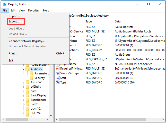 export the registry key