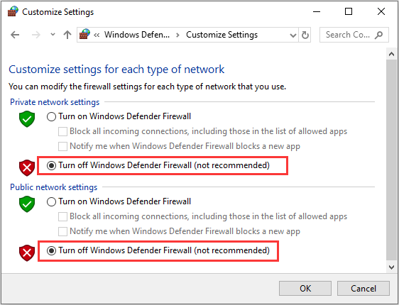 disable Windows Defender Firewall
