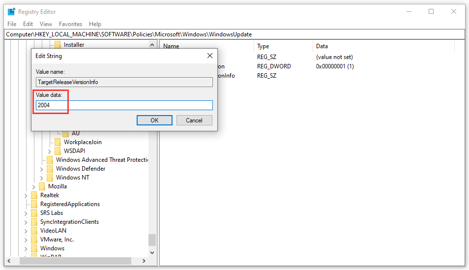 set the value data as 2004