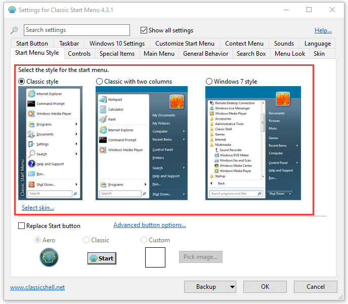 select the style for the start menu