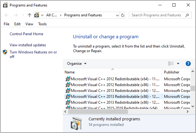 open the Programs and Features window