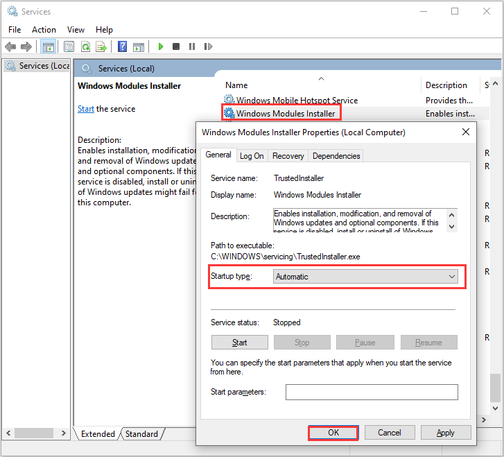 set Windows Modules Installer’s startup type to Automatic