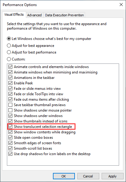 check or uncheck Show translucent selection rectangle