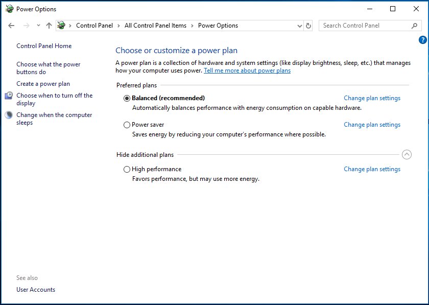 power options in control panel