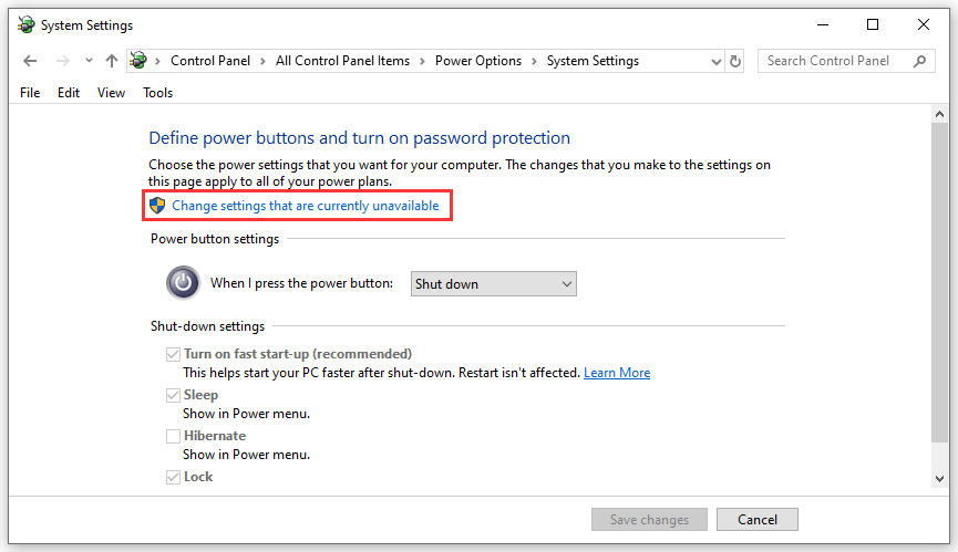 click Change settings that are currently available