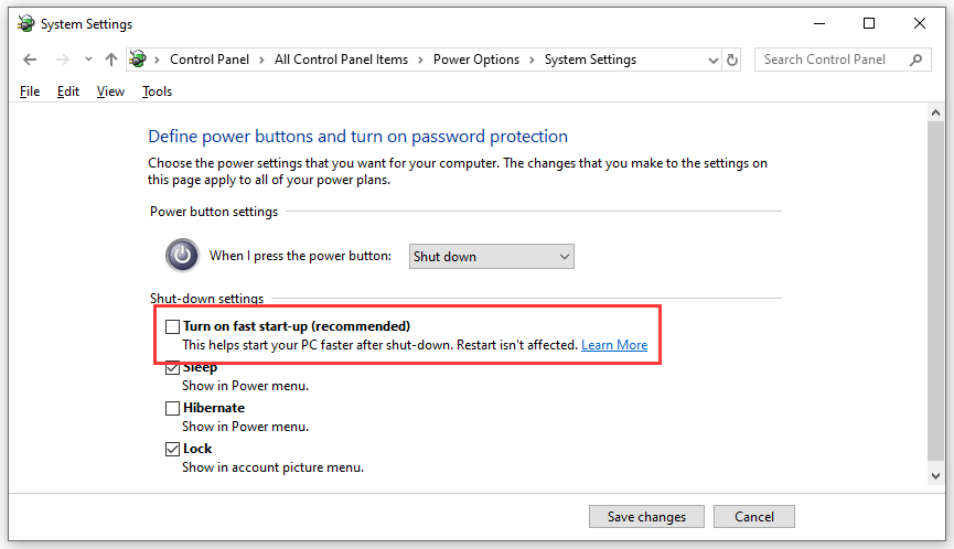 uncheck Turn on fast start-up (recommended)