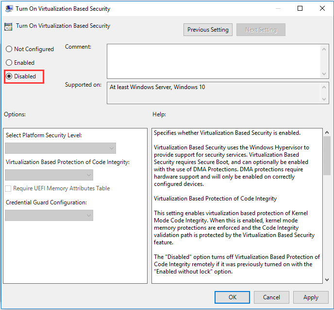 disable Turn on Virtualization Based Security