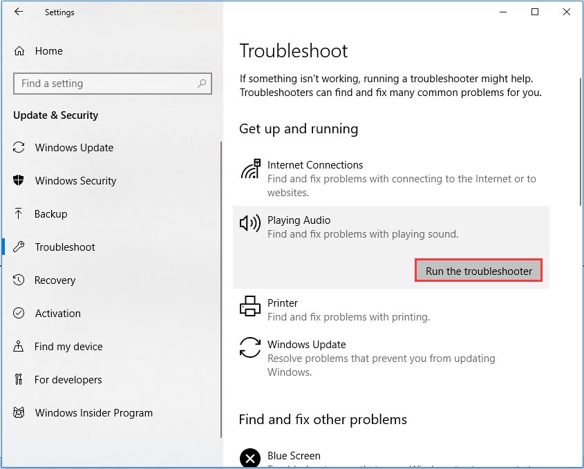 run the playing audio troubleshooter