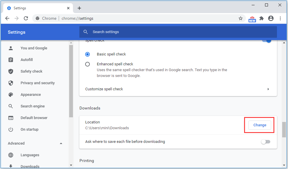 change browser download location