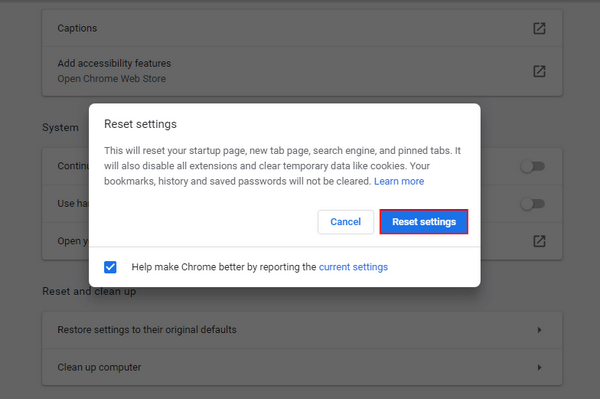 Reset settings