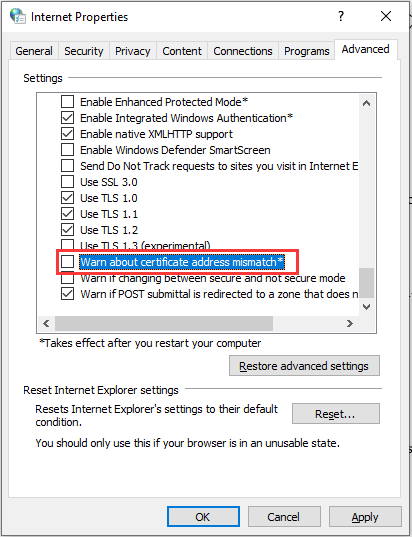 disable the Warn about certificate address mismatch option