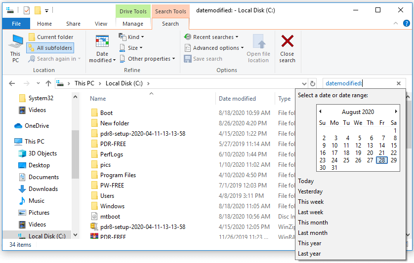 find files by date Windows 10