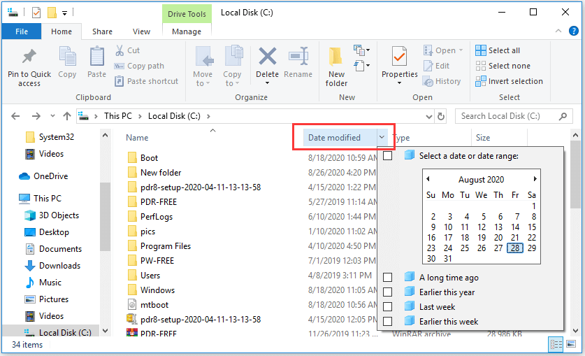 find files by date Windows 10