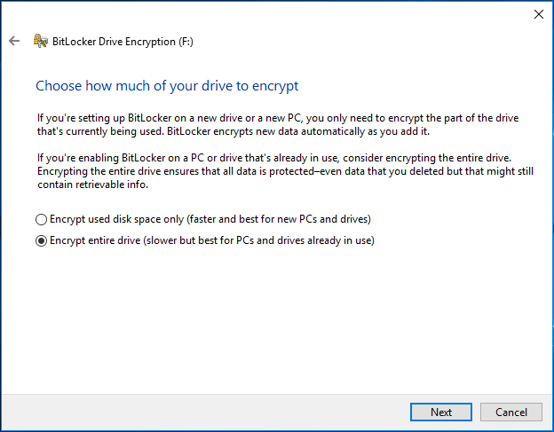 choose how much of your drive to encrypt BitLocker