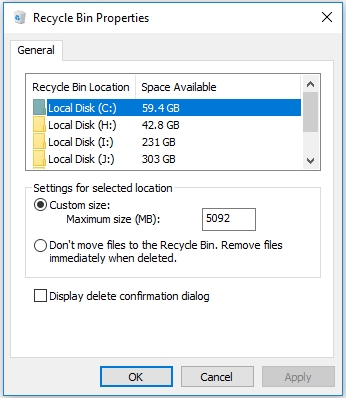 reduce disk space used by Recycle Bin in Windows 10