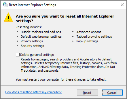 reset Internet Explorer settings