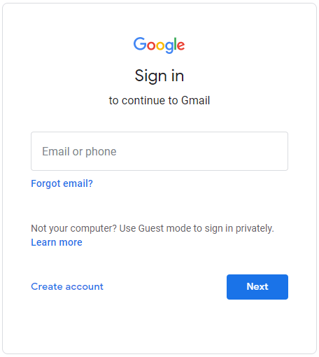 Google Gmail sign in page