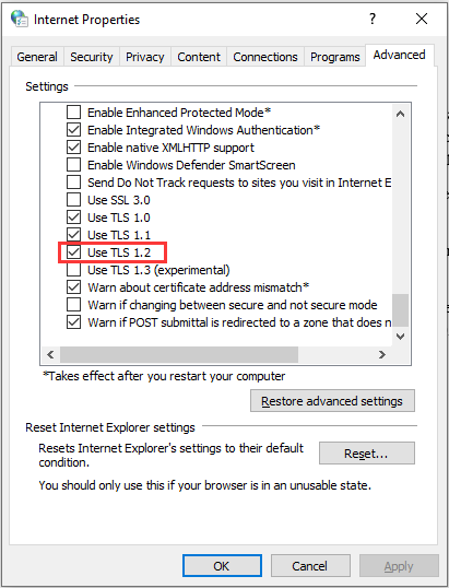 check the box next to Use TLS 1.2