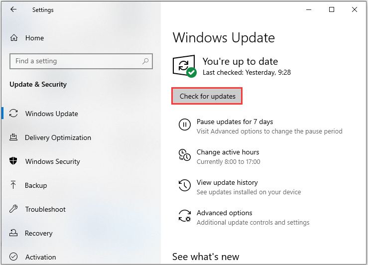 click the Check for updates button