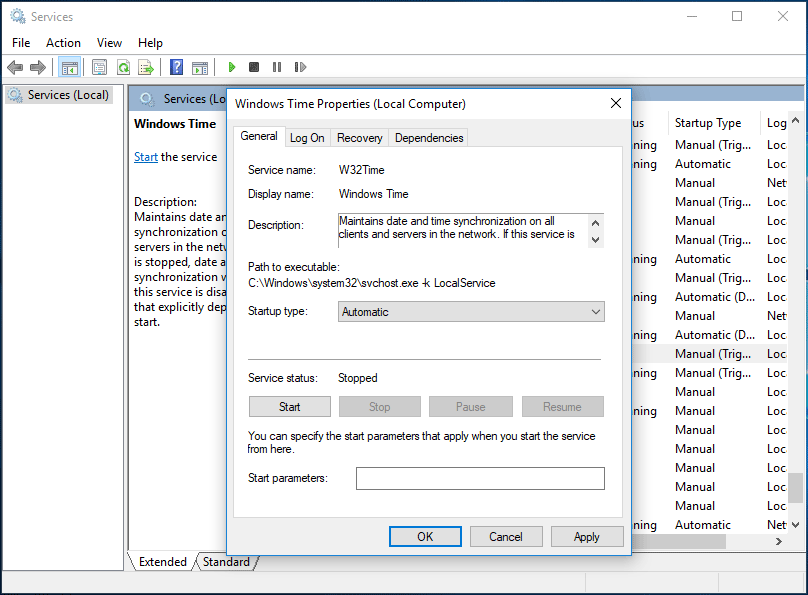 change Windows Time service to automatic 