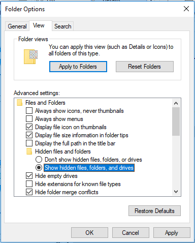 show hidden files in Folders Options