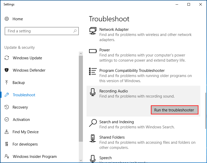 run Recording Audio troubleshooter