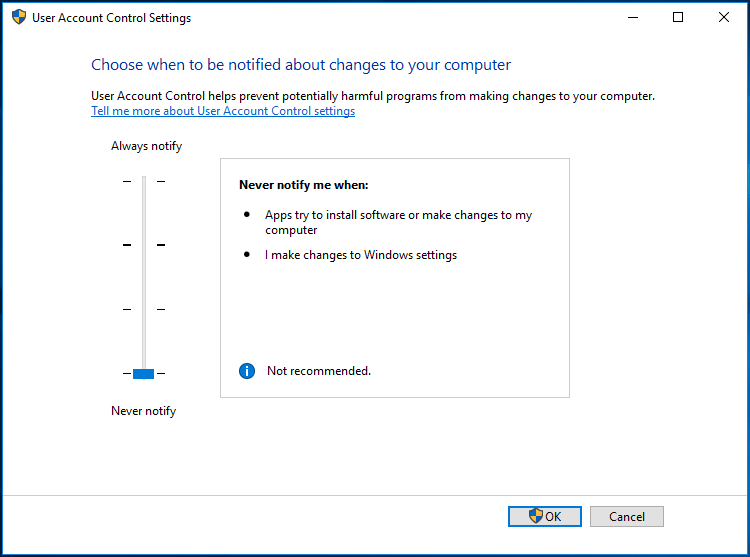 disable UAC in Windows 10
